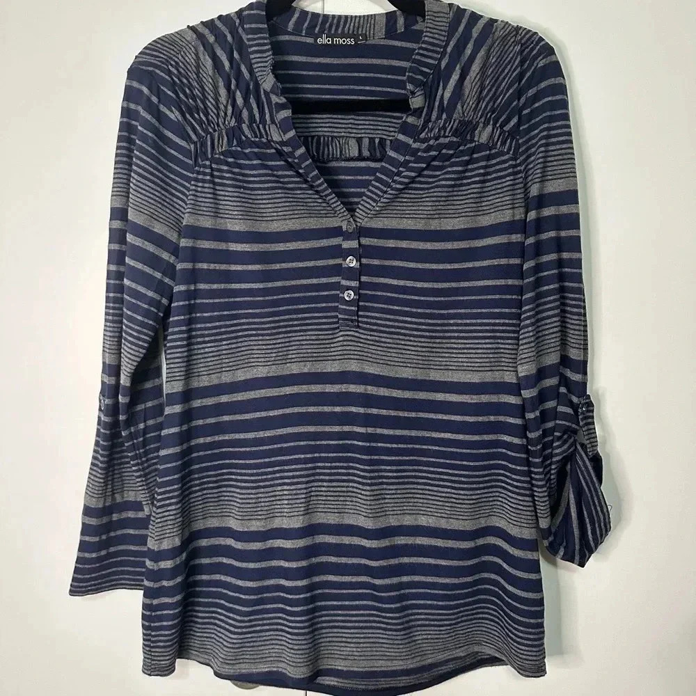 Ella Moss Striped Blue Gray Long Tab Sleeve Top Size L
